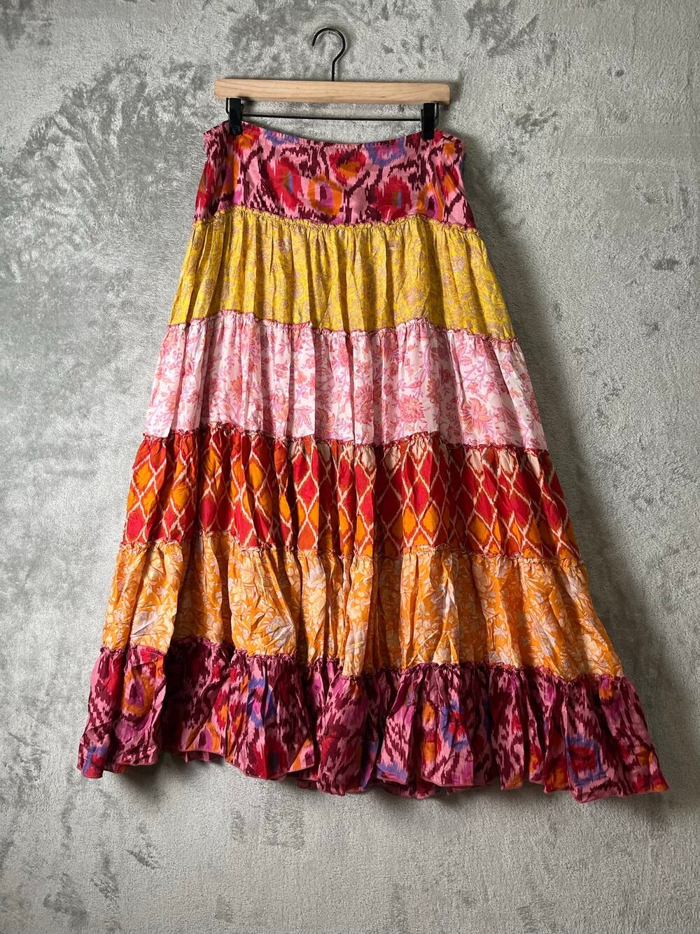 Hale Bob Silk Tiered Maxi Skirt Size Large Boho Floral Patchwork Festival